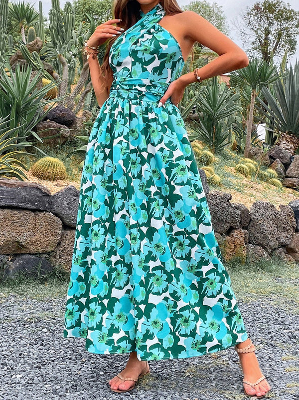 Women's Dresses Floral Halterneck Open Back Maxi Dress - Maxi Dresses - Instastyled | Online Fashion Free Shipping Clothing, Dresses, Tops, Shoes - 25/07/2022 - Color_Black - Color_Gree