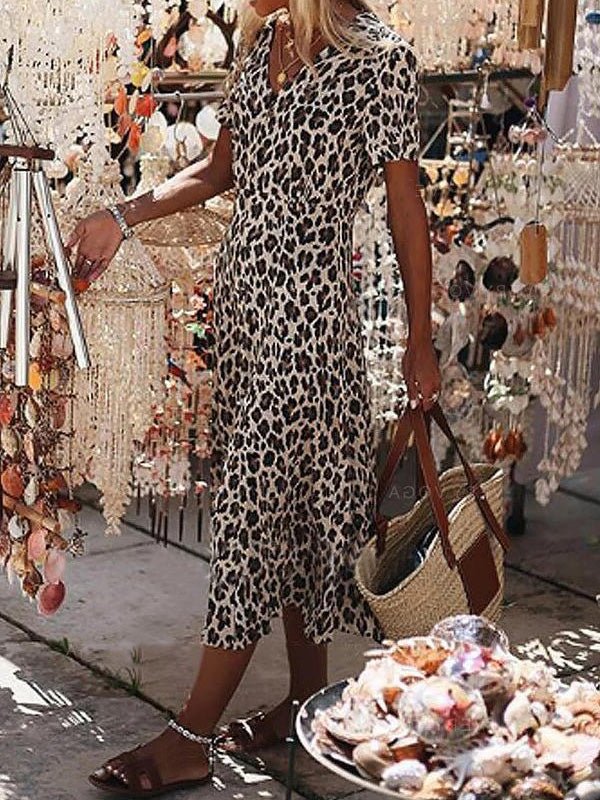 Women's Dresses Leopard Print V-Neck Short Sleeve Dress - MsDressly