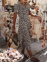 Women's Dresses Leopard Print V-Neck Short Sleeve Dress - MsDressly