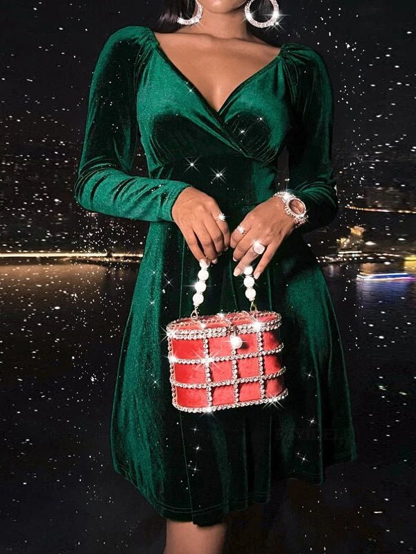 Women's Dresses Long Sleeve V-Neck Fashionable Christmas Mini Dress - MsDressly