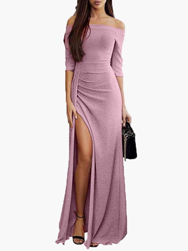 Women's Dresses Off Shoulder Mid Sleeve Slit Dress - MsDressly