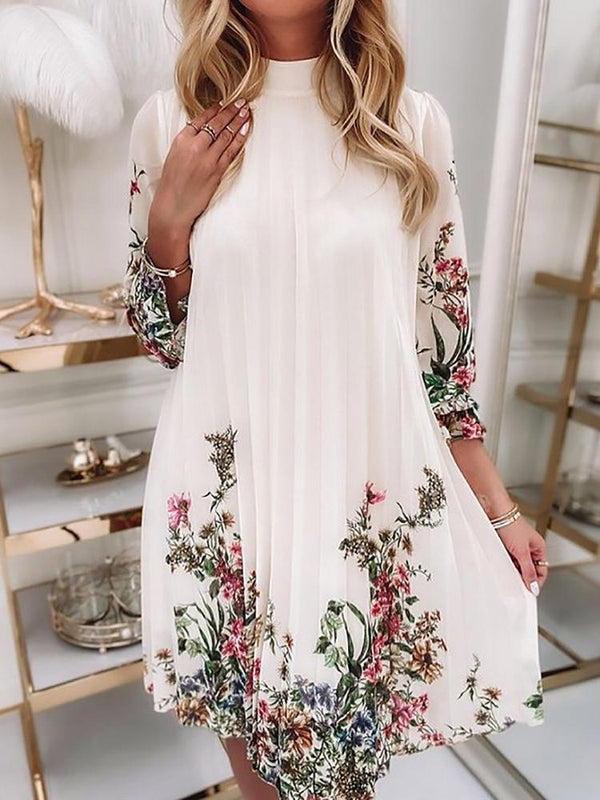 Women's Dresses Pleated Flower Ruffled Long Sleeve Dress - MsDressly