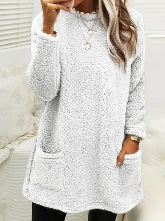 Women's Dresses Plush Crew Neck Pocket Long Sleeve T-Shirt Dress - MsDressly