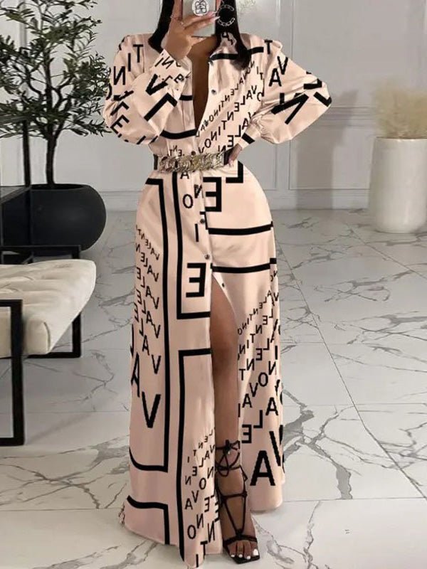 Women's Dresses Printed Button Long Sleeve Shirt Dress - Maxi Dresses - Instastyled | Online Fashion Free Shipping Clothing, Dresses, Tops, Shoes - 31/08/2022 - 40-50 - color-apricot