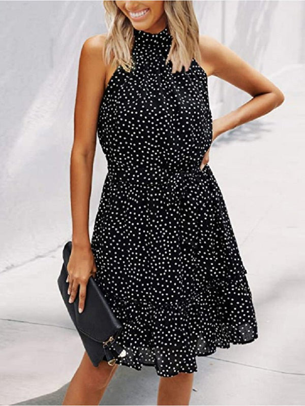 Women's Dresses Printed Halterneck Tie Ruffle Dress - Mini Dresses - Instastyled | Online Fashion Free Shipping Clothing, Dresses, Tops, Shoes - 12/07/2022 - Color_Apricot - Color_Black