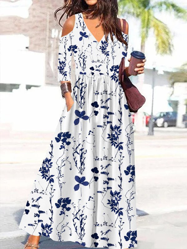 Women's Dresses Printed Off-Shoulder Mid Sleeve Dress - MsDressly