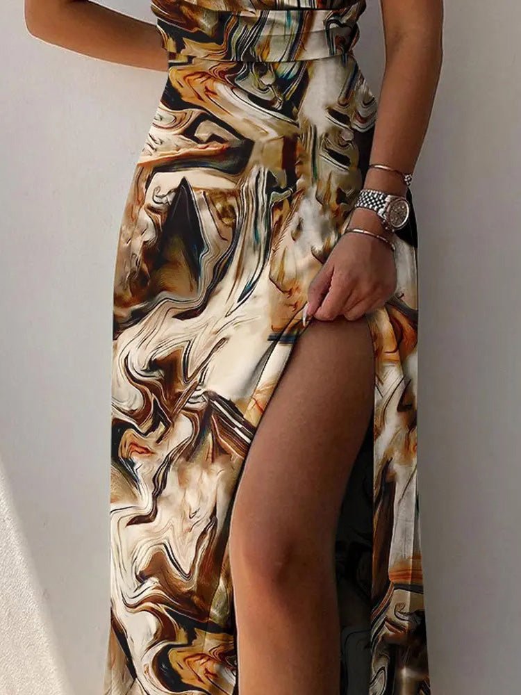 Women's Dresses Printed Sling V-Neck Slit Dress - MsDressly