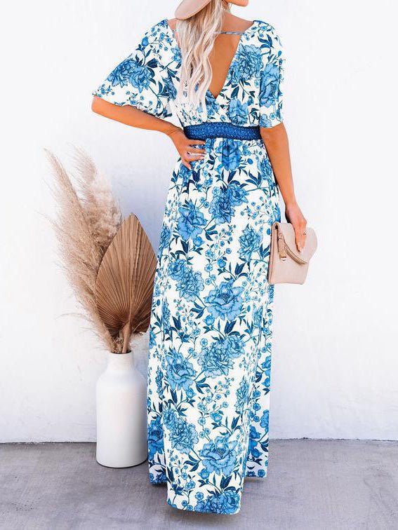 Women's Dresses Printed V-Neck Belted Elegant Slit Dress - Maxi Dresses - Instastyled | Online Fashion Free Shipping Clothing, Dresses, Tops, Shoes - 25/03/2022 - 40-50 - color-blue