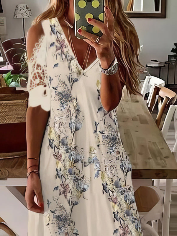 Women's Dresses Printed V-Neck Off-Shoulder Short Sleeve Dress