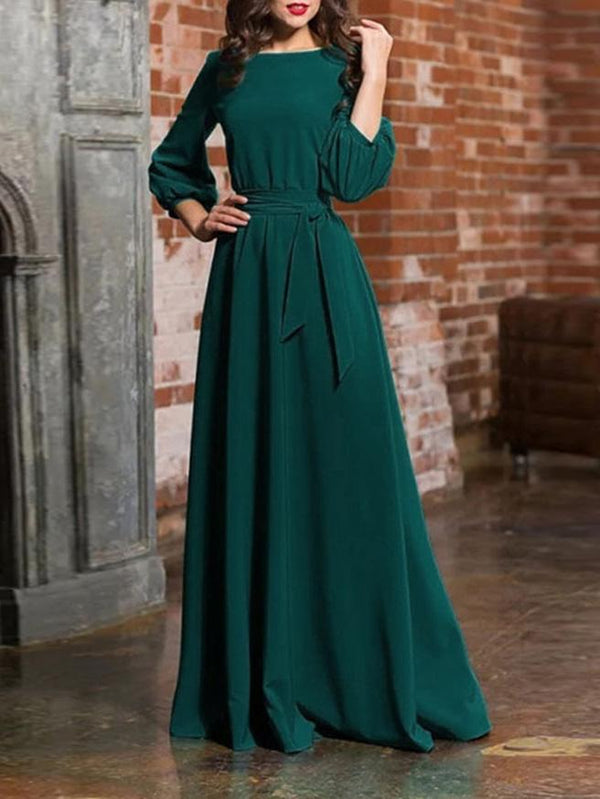 Women's Dresses Pure Round Neck Belted Lantern Long Sleeve Dress - Maxi Dresses - Instastyled | Online Fashion Free Shipping Clothing, Dresses, Tops, Shoes - 13/12/2021 - 30-40 - color-black