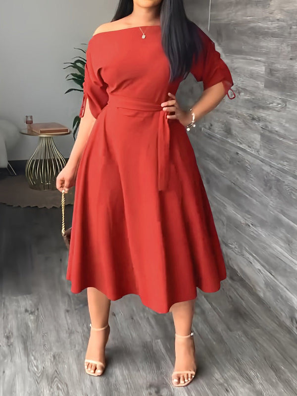 Women's Dresses Sloping Shoulder Tie Mid Sleeve Dress - MsDressly