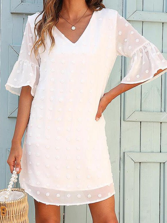 Women's Dresses Solid Jacquard Dots Chiffon Short Sleeve Dress - MsDressly