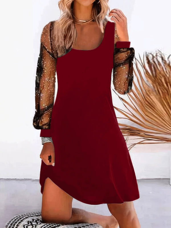 Women's Dresses Solid Mesh Stitching Long Sleeve Dress