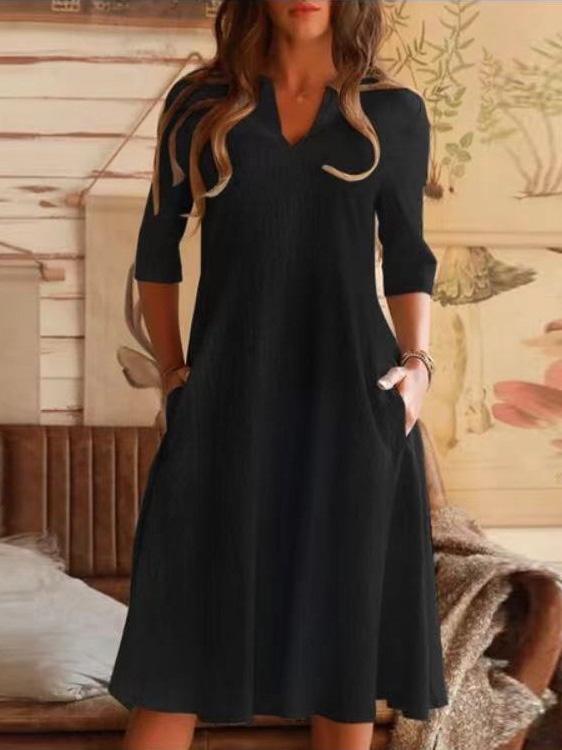 Women's Dresses Solid V-Neck Pocket Mid-Sleeve Dress - Midi Dresses - Instastyled | Online Fashion Free Shipping Clothing, Dresses, Tops, Shoes - 03/12/2021 - 20-30 - Casual Dresses