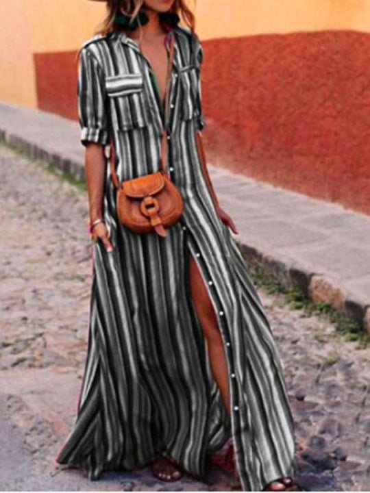 Women's Dresses Striped Print Button Shirt Dress - Maxi Dresses - Instastyled | Online Fashion Free Shipping Clothing, Dresses, Tops, Shoes - 29/07/2022 - 30-40 - casual-dresses