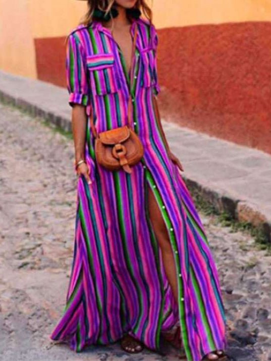 Women's Dresses Striped Print Button Shirt Dress - Maxi Dresses - Instastyled | Online Fashion Free Shipping Clothing, Dresses, Tops, Shoes - 29/07/2022 - 30-40 - casual-dresses