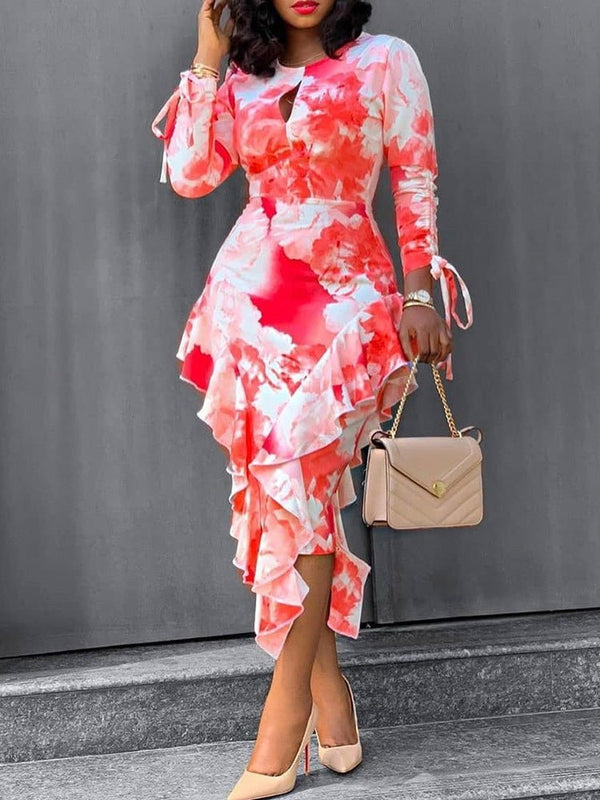 Women's Dresses Tie-Dye Printed Long Sleeve Ruffle Fitted Dress - MsDressly