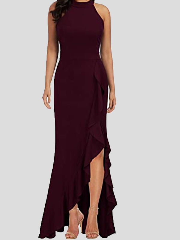 Women's Dresses Turtleneck Sleeveless Ruffle Slit Dress - MsDressly