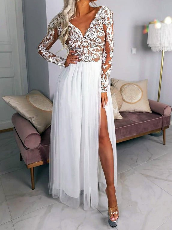 Women's Dresses V-Neck Lace Long Sleeve Slit Dress - Maxi Dresses - Instastyled | Online Fashion Free Shipping Clothing, Dresses, Tops, Shoes - 08/02/2022 - color-white - Color_White
