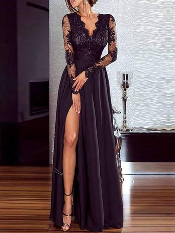 Women's Dresses V-Neck Lace Long Sleeve Split Evening Dress - Maxi Dresses - Instastyled | Online Fashion Free Shipping Clothing, Dresses, Tops, Shoes - 18/12/2021 - Color_Black - DRE2112183111