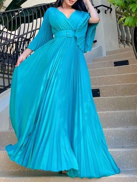 Women's Dresses V-Neck Long Sleeve Pleated Dress - MsDressly