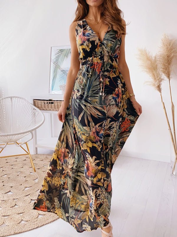 Women's Dresses V Neck Printed Strap Maxi Dress - MsDressly