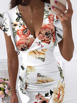 Women's Dresses V-Neck Ruffle Slim Fit Print Dress - MsDressly
