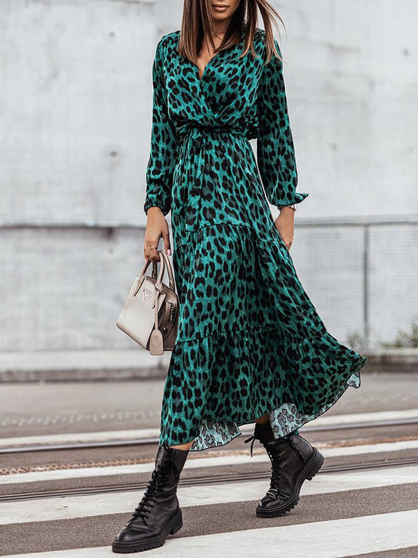 Women's Dresses V Neck Strap Leopard Printed Midi Dress - Midi Dresses - Instastyled | Online Fashion Free Shipping Clothing, Dresses, Tops, Shoes - 24/11/2022 - 30-40 - color-green