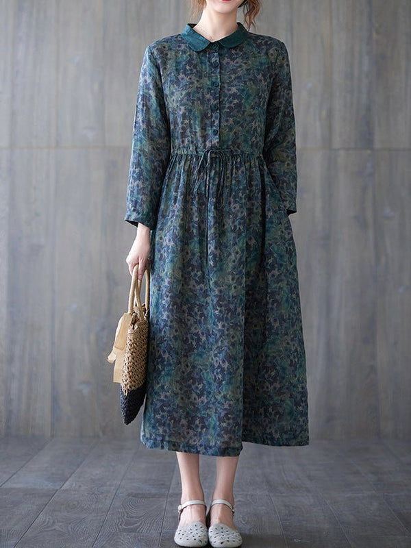 Women's Dresses Vintage Print Button Elastic Waist Long Sleeve Dress - MsDressly