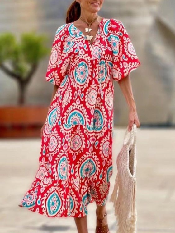 Women's Dresses Vintage Print Puff Sleeve Maxi Dress - MsDressly