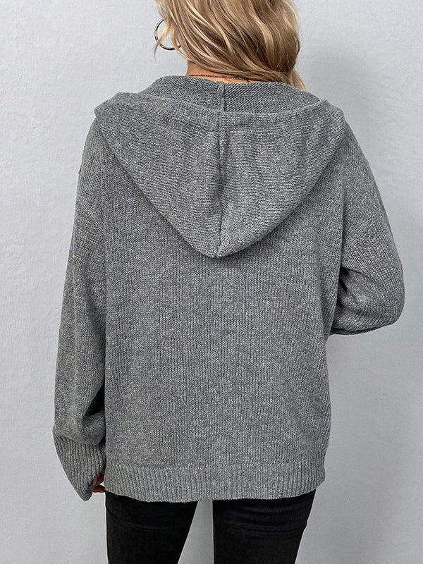 Women's Hoodies Solid Drawstring Single Breasted Knitted Hoodie - MsDressly