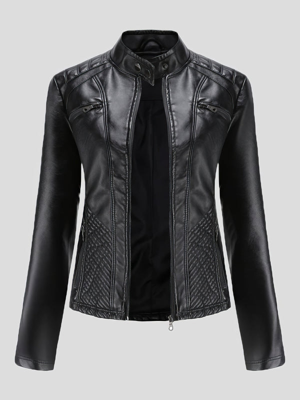 Women's Jackets Casual Stand-Collar Slim Solid Leather Jacket