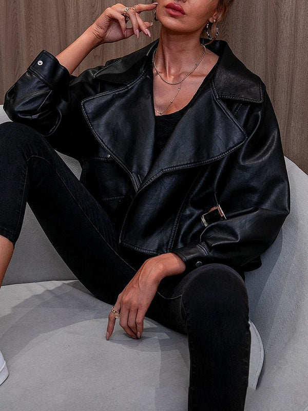 Women's Jackets Fashion Casual Loose Long Sleeved Leather Jacket - MsDressly