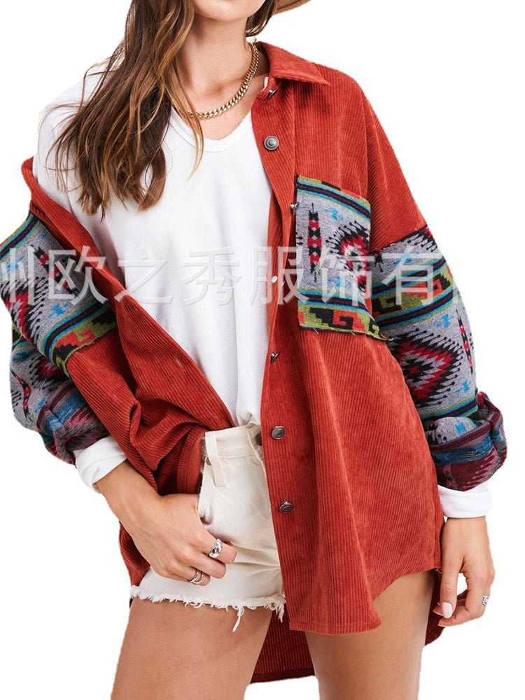 Women's Jackets Panel Long Sleeve Printed Corduroy Jacket - MsDressly