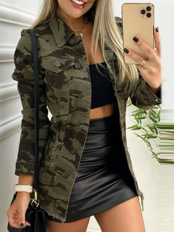 Women's Jackets Single-Breasted Pocket Long Sleeve Camouflage Jacket - MsDressly