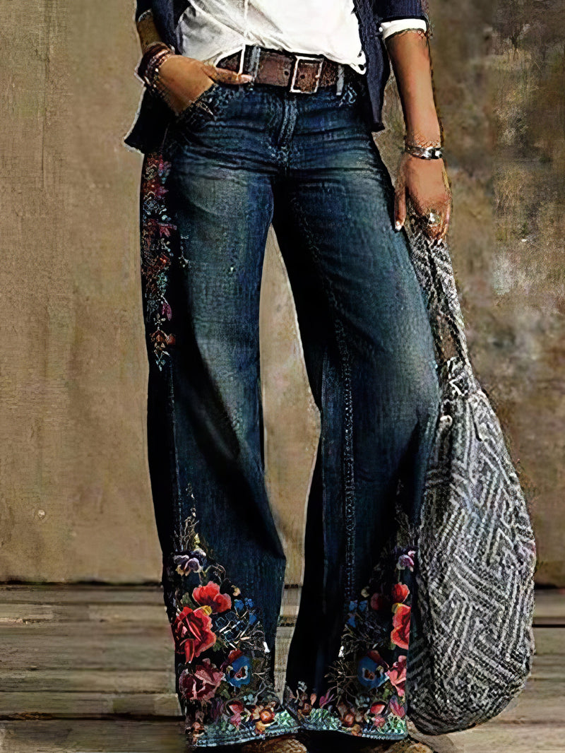 Women's Jeans Casual Floral Print Pocket Wide-Leg Jeans