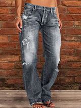 Women's Jeans Stretch Ripped Washed Casual Straight Jeans