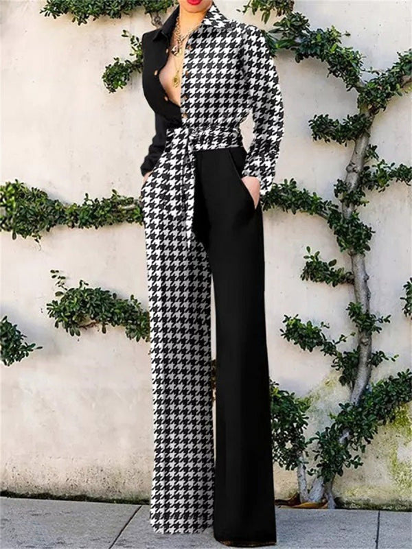 Women's Jumpsuits Lapel Print Tie Pocket Long Sleeve Jumpsuit - Jumpsuits - Instastyled | Online Fashion Free Shipping Clothing, Dresses, Tops, Shoes - 21/09/2022 - Bottoms - Color_Black