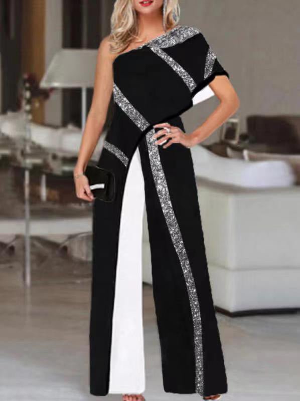 Women's Jumpsuits Sequined One-Shoulder Wide-Leg Jumpsuit - Jumpsuits - Instastyled | Online Fashion Free Shipping Clothing, Dresses, Tops, Shoes - 02/08/2022 - 40-50 - bottoms