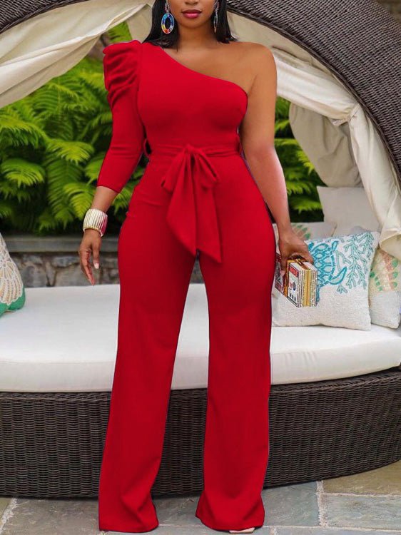 Women's Jumpsuits Solid One-Shoulder Lace-Up Slim Fit Jumpsuit - Jumpsuits - Instastyled | Online Fashion Free Shipping Clothing, Dresses, Tops, Shoes - 17/09/2022 - bottoms - color-red