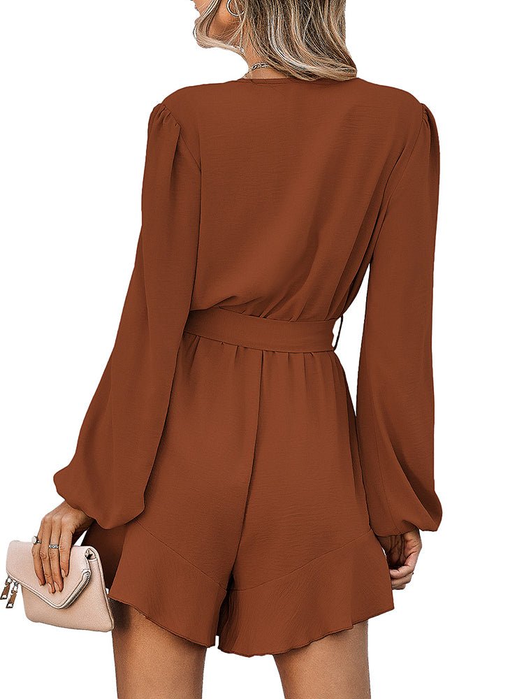 Women's Jumpsuits V-neck Long Sleeve Solid Ruffle Jumpsuit - Jumpsuits - Instastyled | Online Fashion Free Shipping Clothing, Dresses, Tops, Shoes - 9/11/2022 - Bottoms - Color_Caramel