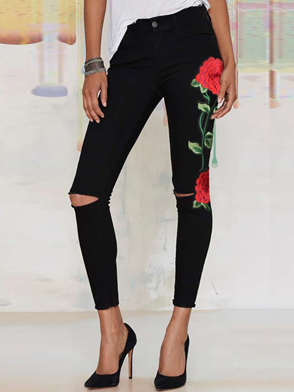 Women's Pants Denim Embroidered High Waist Jeans - MsDressly