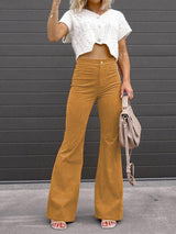 Women's Pants Solid Color Mid Waist Slim Micro Flare Pants - MsDressly