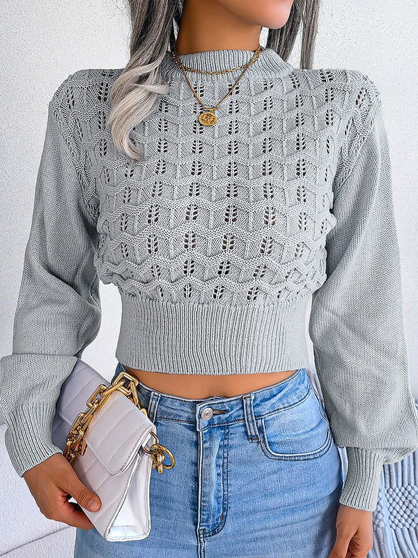 Women's Sweaters Cutout Striped Balloon Sleeve Cropped Knit Sweater - MsDressly