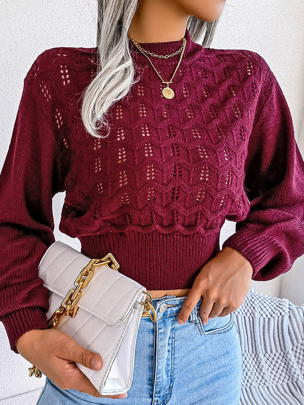 Women's Sweaters Cutout Striped Balloon Sleeve Cropped Knit Sweater - MsDressly