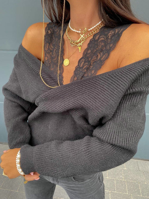 Women's Sweaters Lace Sling Strapless Long Sleeve Sweater - Cardigans & Sweaters - INS | Online Fashion Free Shipping Clothing, Dresses, Tops, Shoes - 2/11/2021 - 20-30 - Cardigans & Sweaters