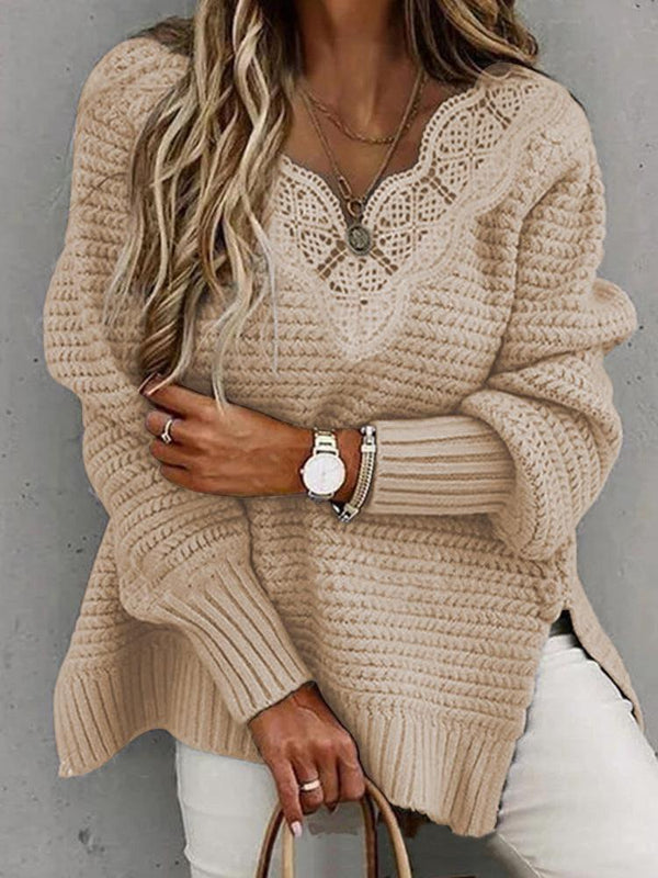 Women's Sweaters Lace Stitching V-Neck Long Sleeve Sweater - Cardigans & Sweaters - Instastyled | Online Fashion Free Shipping Clothing, Dresses, Tops, Shoes - 13/12/2021 - 40-50 - Cardigans & Sweaters