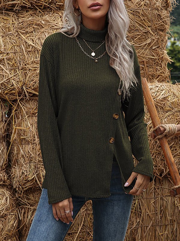 Women's Sweaters Long Sleeve Asymmetric Button Split High Neck Sweater - MsDressly