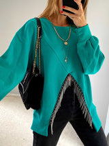 Women's Hoodies Round Neck Solid Split Tassel Loose Casual Hoodie - MsDressly