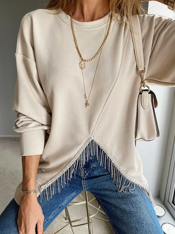 Women's Hoodies Round Neck Solid Split Tassel Loose Casual Hoodie - MsDressly